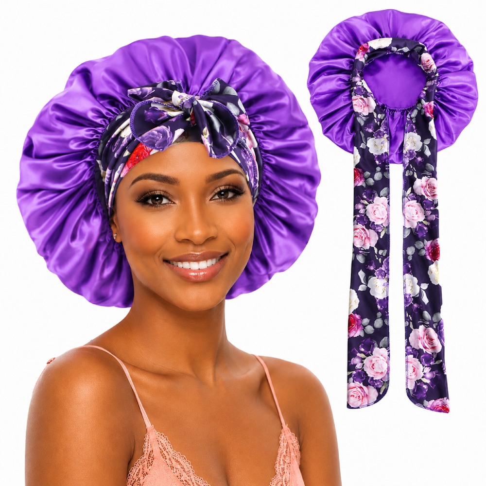 Bonnet en Satin Grand Format mauve Nœud Fleuri