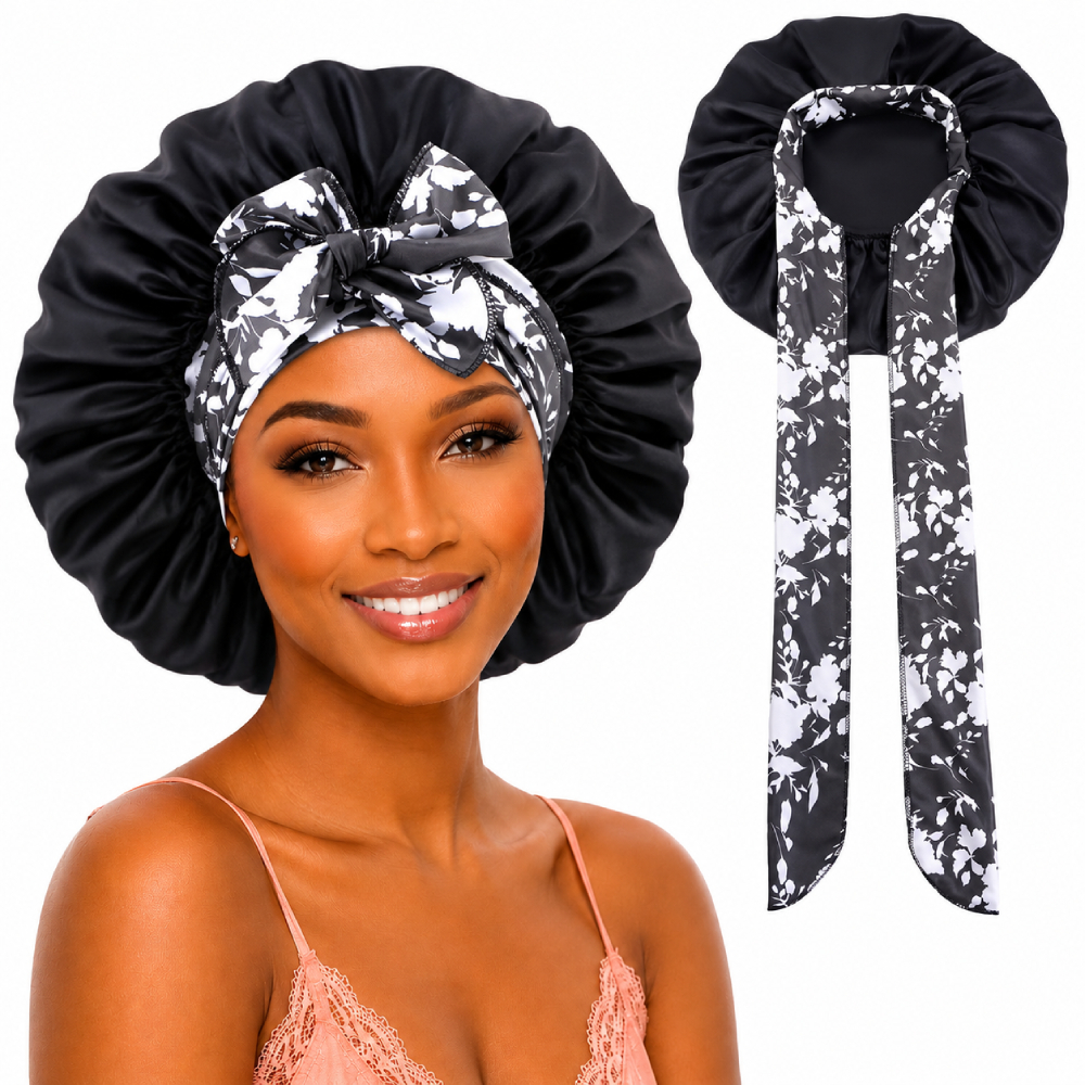 Bonnet en Satin Grand Format noir Fleuri avec bande noeud, Dakar, Sénégal